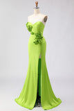 Green Strapless Mermaid 3D Flower Satin Long Prom Dress with Slit