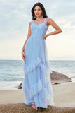 Grey Blue A Line Corset Ruched Long Bridesmaid Dress with Ruffles