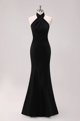 Black Mermaid Halter Open Back Floor Length Satin Bridesmaid Dress