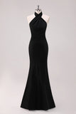 Black Mermaid Halter Open Back Floor Length Satin Bridesmaid Dress