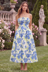 Blue Floral Strapless A Line Midi Wedding Guest Dress with Pockets