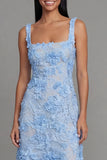 Blue Floral A Line Square Neck Midi Wedding Guest Dress