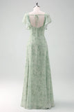 Dusty Sage A Line Square Neck Floor Length Print Bridesmaid Dress with Slit