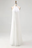 A Line Simple White Halter Long Engagement Dress