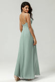 A Line Spaghetti Straps V Neck Floor Length Chiffon Bridesmaid Dress with Slit