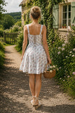 White Vintage Rose Printed A Line Cotton Mini Dress