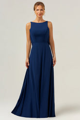 Mermaid Backless Long Chiffon Navy Bridesmaid Dress with Sleeveless
