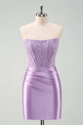 Stylish Purple Bodycon Pleated Beaded Corset Short Homecoming Dress