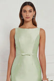 Sage Green Sheath Bateau Neck Satin Bridesmaid Dress