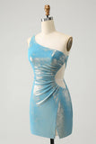 Sparkly Blue Tight One Shoulder Hollow Out Pleated Metallic Homecoming Dress With Slit