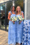 Ruffles Blue Chiffon A line Long Bridesmaid Dress