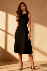 Simple Black A Line Round Neck Midi Dress