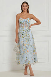 Floral Blue Strapless A Line Corset Midi Wedding Guest Dress