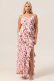 Blush Sheath Ruffle Chiffon Print Floral Long Plus Size Bridesmaid Dress with Slit