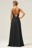 A Line Halter Ruched Satin Open Back Long Bridesmaid Dress with Flower