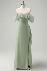 Light Green Sheath Off The Shoulder Chiffon Long Bridesmaid Dress with Ruffle Slit