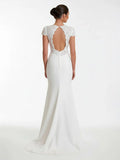 Modest Simple Sheath Short Sleeve Empire Floor Length Sweep Train Chiffon V neck Wedding Dress