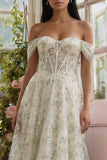 Off the Shoulder Corset A Line Light Green Floral Wedding Guest Dress