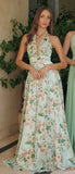 CHEYENNE GOWN SAGE FLORAL CHIFFON HALTER DRESS