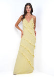 Remi Yellow Maxi Dress Halter Neck Open Back Ruffle Detail