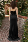 Black Velvet Sheath Spaghetti Straps Corset Long Holiday Party Dress with Slit
