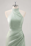 Sage Green Sheath Halter Ruched Satin Long Bridesmaid Dress with Slit