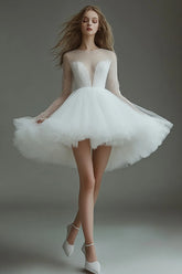White A Line Long Sleeve Tulle Short Graduation Dress