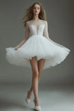 White A Line Long Sleeve Tulle Short Graduation Dress