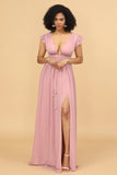 A Line Deep V Neck Long Chiffon Bridesmaid Dress with Slit
