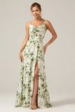 Green Printed A Line Cowl Neck Long Plus Size Bridesmaid Dress With Slit