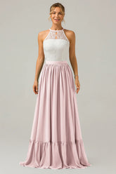 A Line Halter Pleated Keyhole Chiffon Bridesmaid Dress With Lace