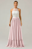 A Line Halter Pleated Keyhole Chiffon Bridesmaid Dress With Lace