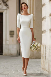 Ivory Satin Sheath Bateau Neck Midi Rehearsal Dinner dress