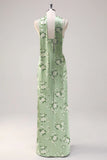 Sage White Flower Sheath Streamer Long Satin Bridesmaid Dress with Slit
