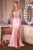Trisha Gown Beaded Sheer Bodice With Satin Skirt