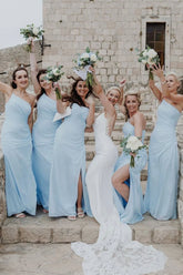 Sheath One Shoulder Light Blue Chiffon Slit Bridesmaid Dress