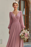 Elegant Vintage Mauve A Line V Neck Long Sleeves Bridesmaid Dress