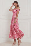 Hot Pink A Line Off the Shoulder Jacquard Midi Wedding Guest Dress