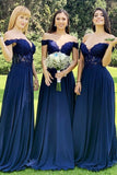 Indigo Lace Off the Shoulder A Line Long Bridesmaid Dress