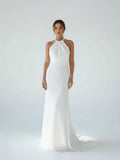 Sheath Satin Backless Halter Wedding Dress