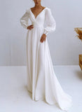 A Line V Neck Long Sleeves Chiffon Wedding Dresses With Beading