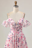 Cold Shoulder A Line Pink Floral Short Homecoming Dress