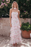 Pink Floral Ruffle Strapless Wedding Guest Dress with Sash