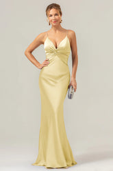 Daffodil Mermaid Spaghetti Straps Front Pleated Long Bridesmaid Dress