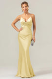 Daffodil Mermaid Spaghetti Straps Front Pleated Long Bridesmaid Dress