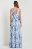 Blue Floral Printed A Line V Neck Long Bridesmaid Dress