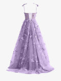 Light Purple A line Butterfly Lace Lilac Corset Prom Dress with Slit