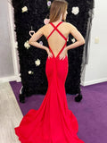 Angela Mermaid Pink V Neck Backless Satin Long Prom Dress