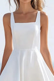 White Simple Square Neck High Low A Line Graduation Dress With Ruffles