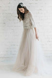 Bateau Lace Half Sleeve A Line Tulle Dress With Low V Back